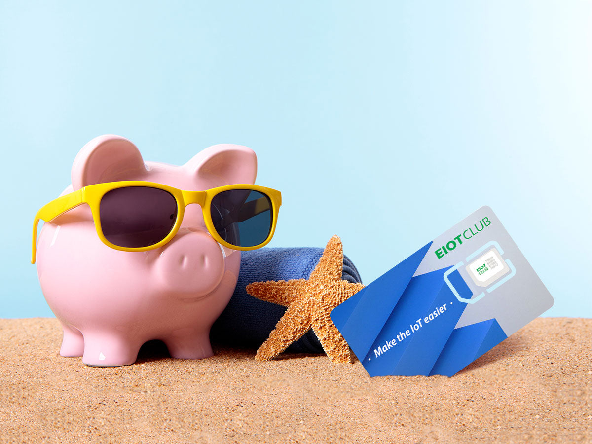 A pink piggy bank wearing sunglasses on a beach, next to a starfish and an EIOTCLUB SIM card.