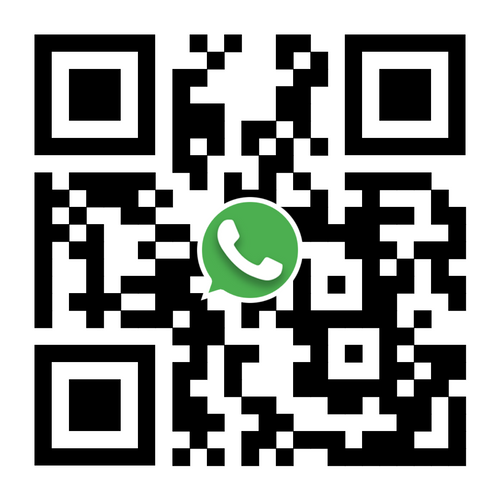 A black and white QR code with a green WhatsApp logo in the center, featuring a chat bubble and a phone receiver.