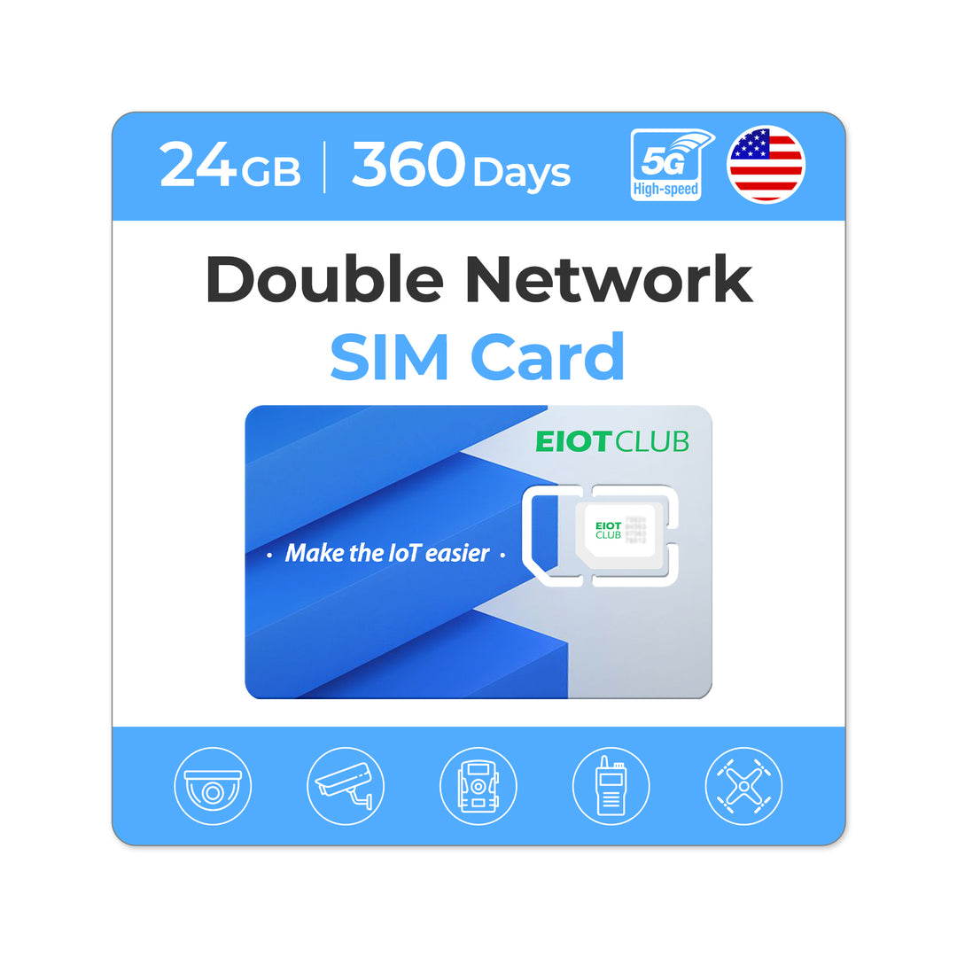 Eiotclub 24GB Double Network SIM Card for 360 days, supports various IoT devices.