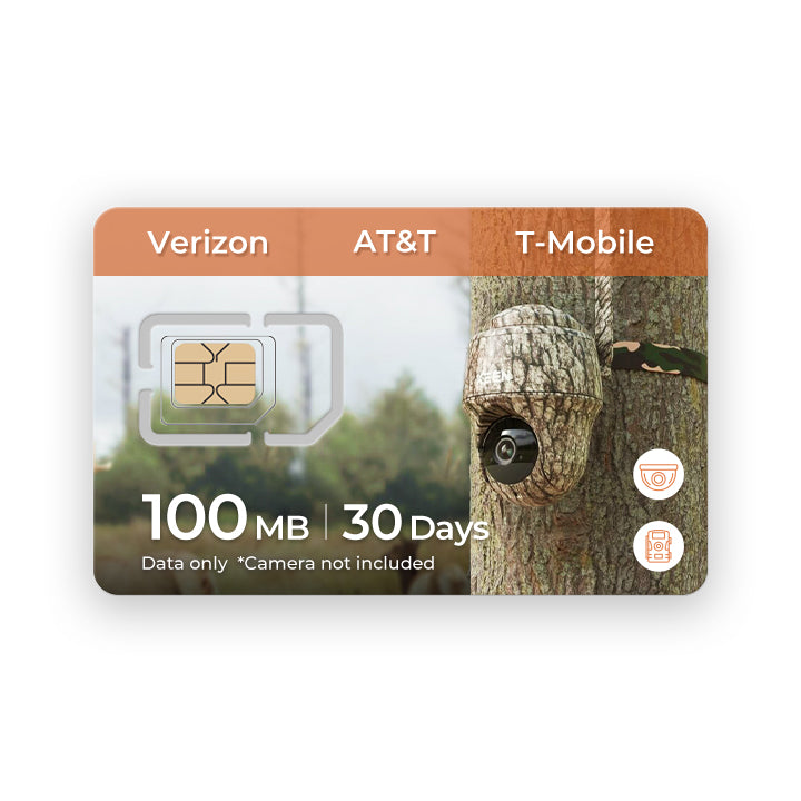 4G Data Only SIM Card for Trail Camera with 100MB for 30 Days 7 GB Data Only SIM card for trail cameras, valid for 360 days, with Verizon, AT&T, T-Mobile compatibility.