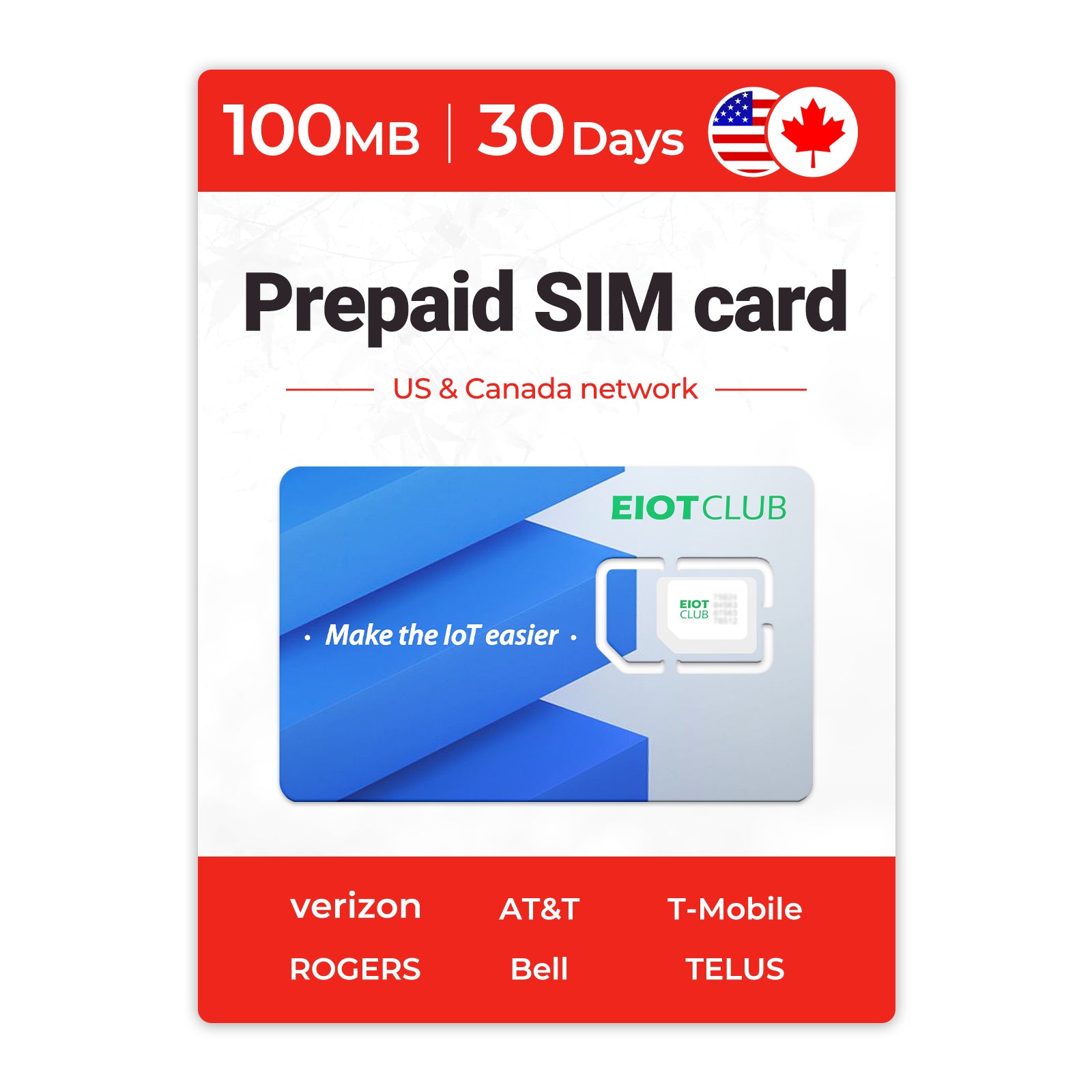 Eiotclub Prepaid SIM Card for US & Canada with 100MB data for 30 days IoT device setup with Nano SIM, demonstrating plug and play connectivity.