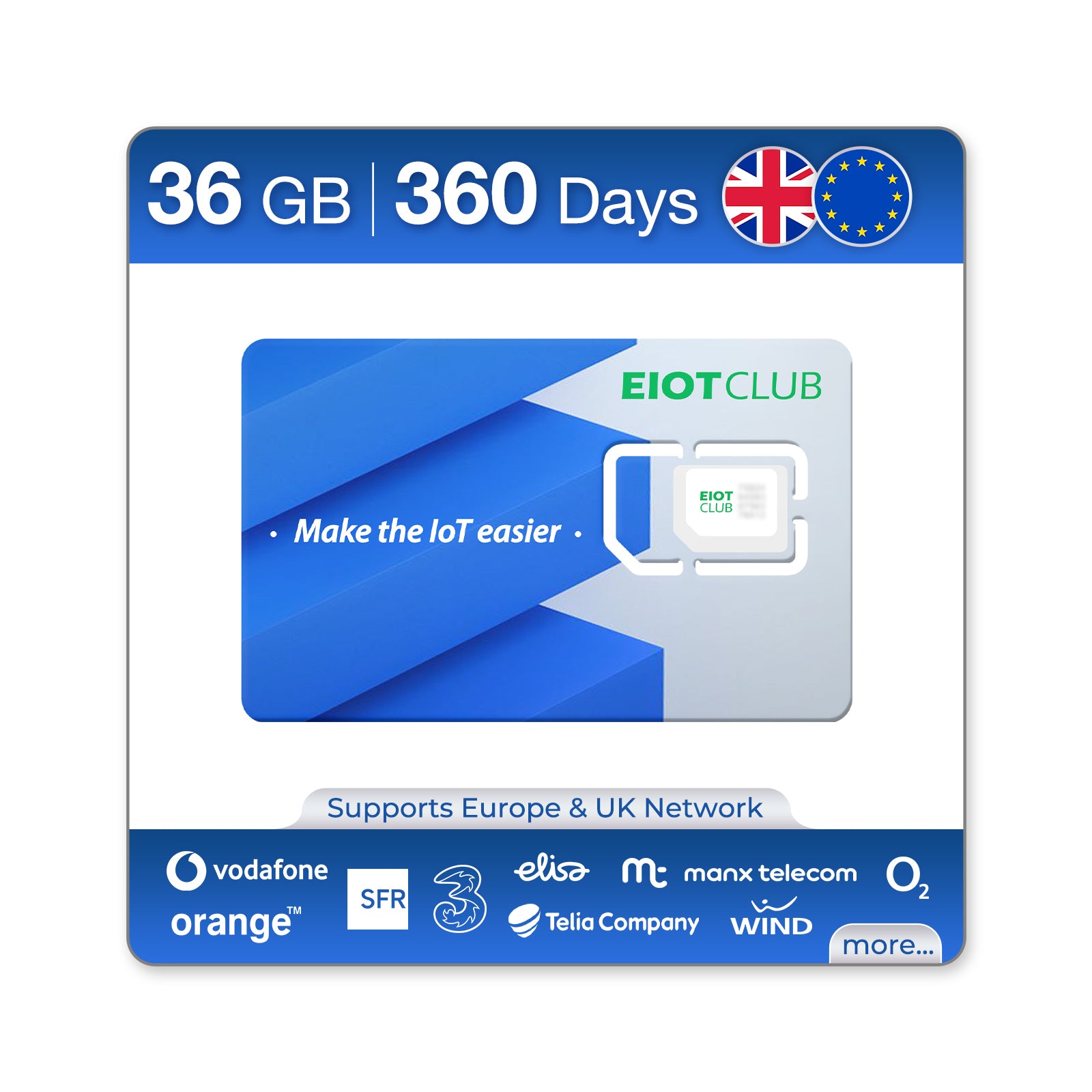 Eiotclub SIM card with 36GB for 360 days, supporting EU and UK networks.