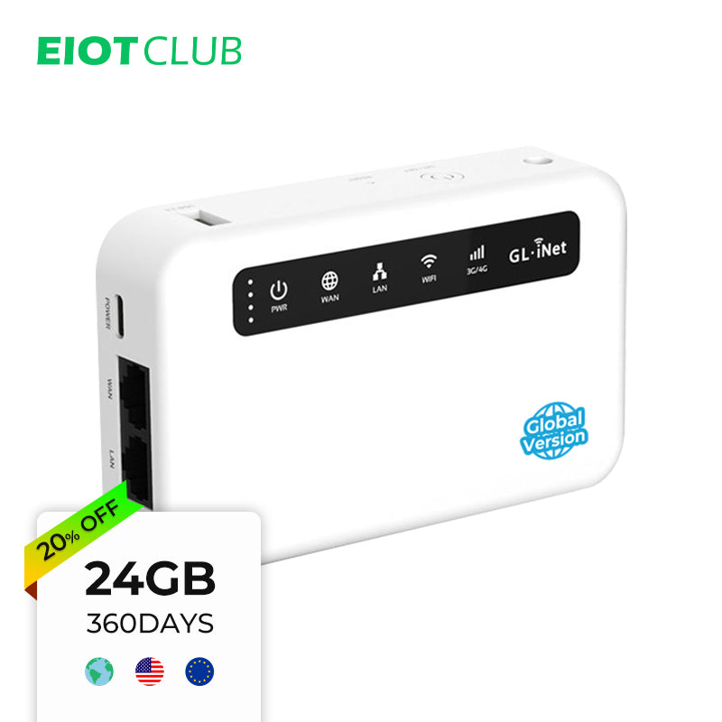 Eiotclub package contents with GL-XE300 router, Nano SIM, user manual, and power adapter.
