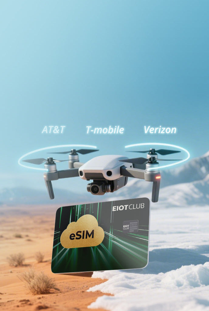 A physical and eSIM card providing multi-carrier data for a drone.