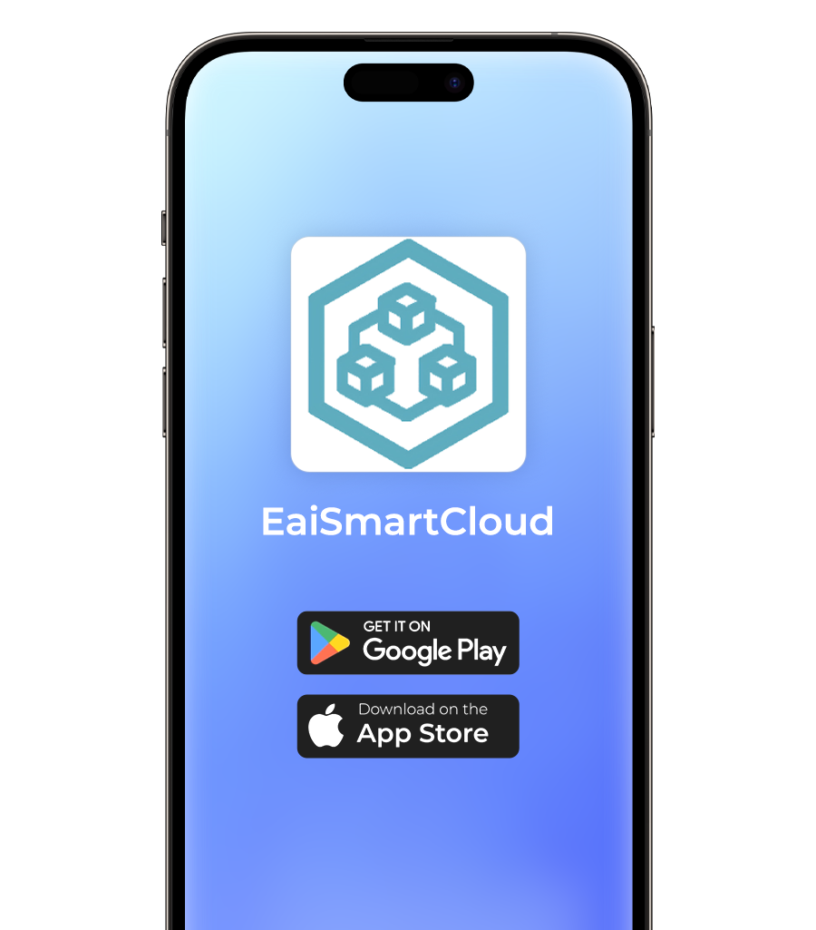 EaiSmartCloud app download screen on a smartphone with Google Play and App Store logos.