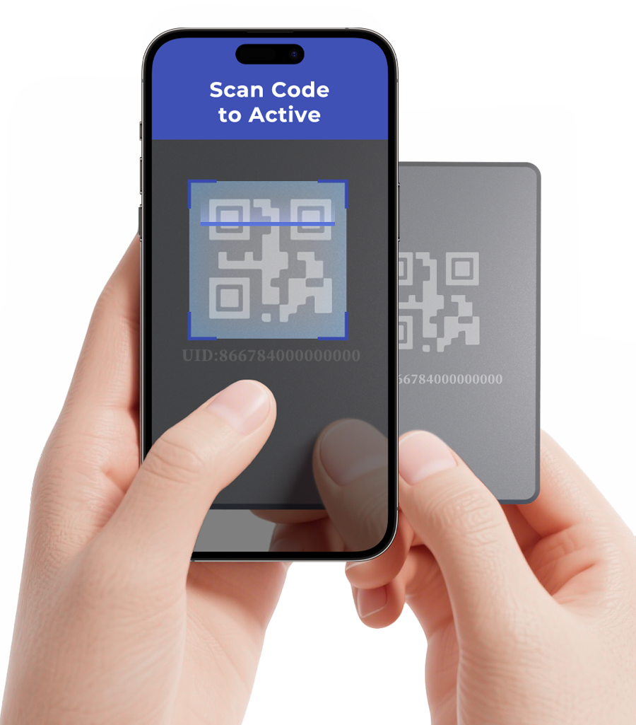 A person holding a smartphone scanning a QR code from a card, with the phone screen showing a blue scanning interface and the text 'Scan Code to Active'. The background is transparent.