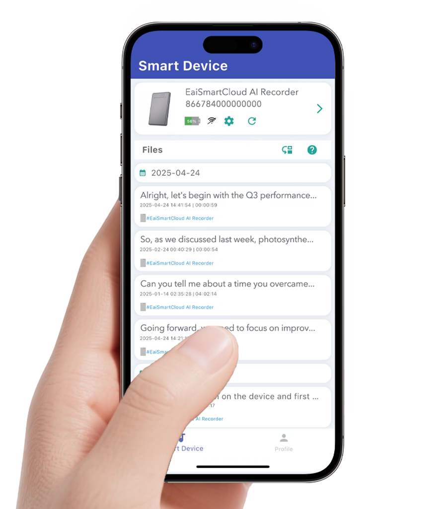 A hand holding a smartphone displaying the Smart Device app interface for managing AI voice recorder files.
