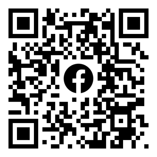 A black and white QR code with a white circle in the center containing a black lowercase 'f', representing the Facebook logo.