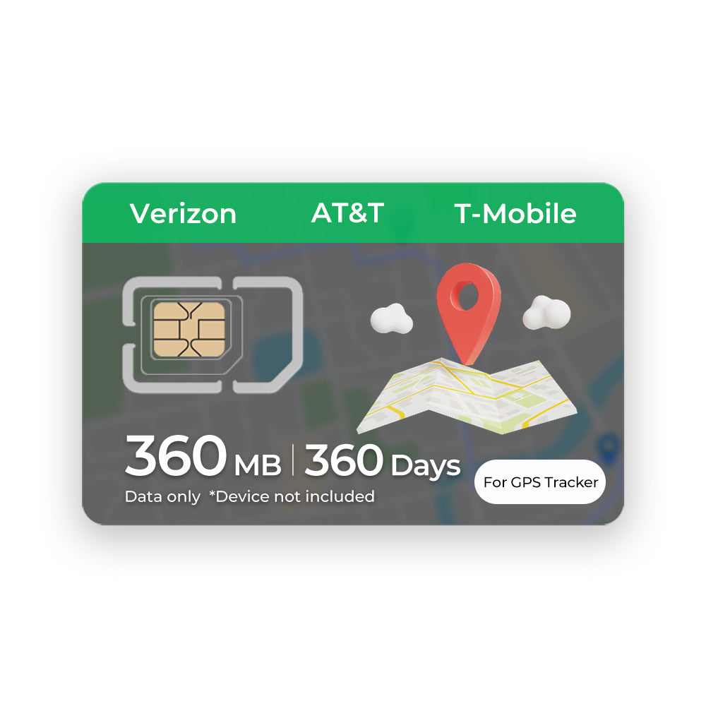GPS Tracker SIM Card with 360 MB data for 360 days, Verizon, AT&T, T-Mobile logos Eiotclub customer service promises: best service, no contracts, no extra fees.