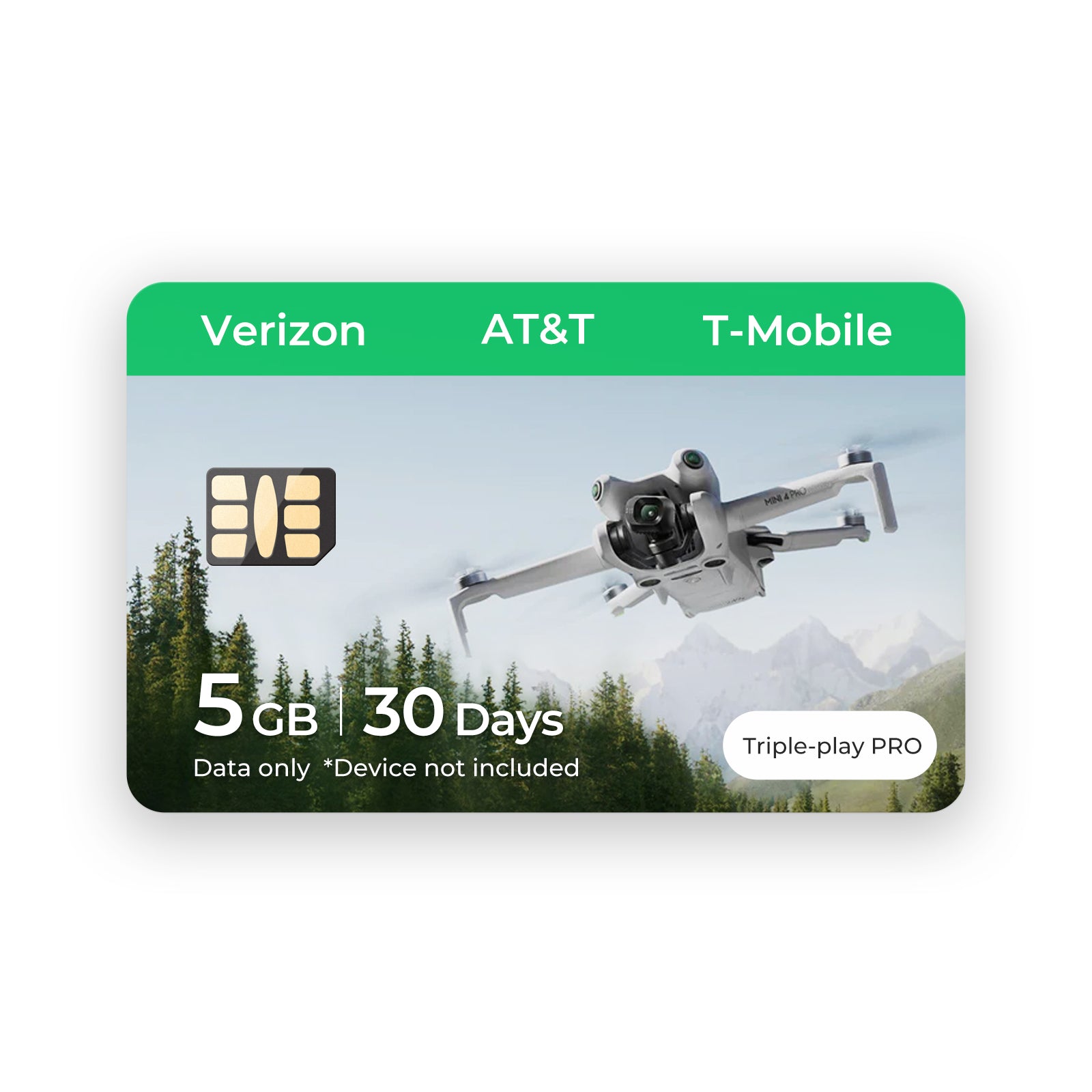 A physical and eSIM data card providing connectivity for a DJI drone in flight over a forest.