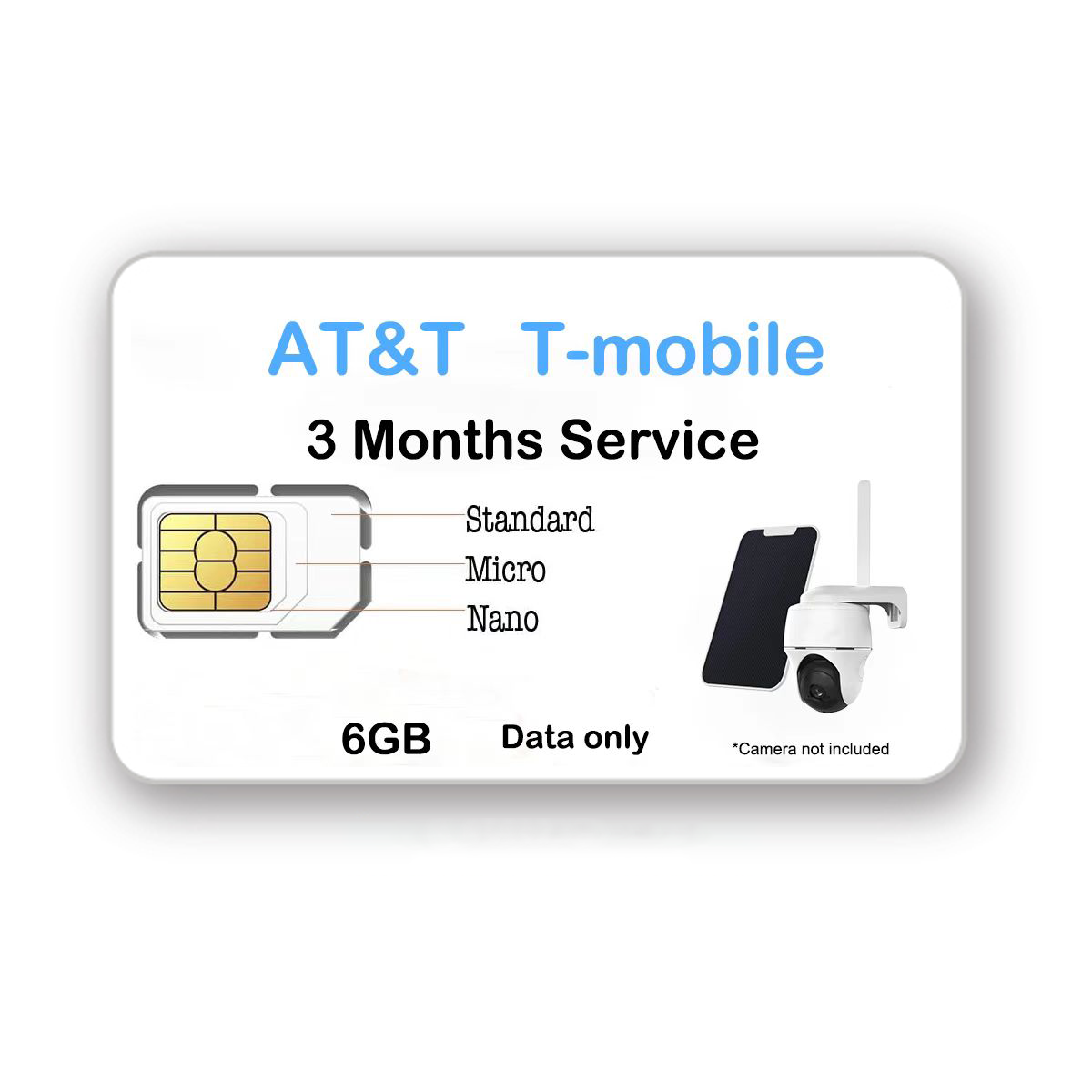 AT&T T-Mobile SIM card, 6GB data for security cameras, 3-month service Plug and Play security cameras with solar options for effortless installation.