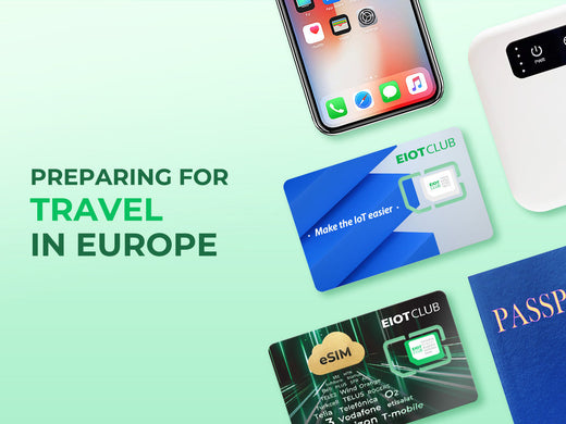 A smartphone, passport, portable hotspot, and SIM cards are laid out in preparation for travel.
