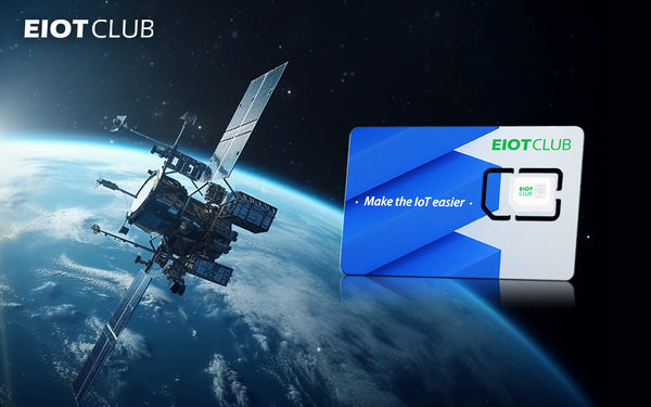 An EIOTCLUB SIM card for IoT, with a satellite orbiting high above the Earth in the background to represent global connectivity.