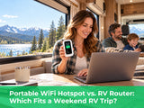 Woman holding a portable WiFi hotspot at an RV table, lake and mountains outside