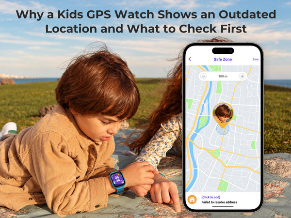 Boy wearing a kids GPS watch beside a phone with a Safe Zone map