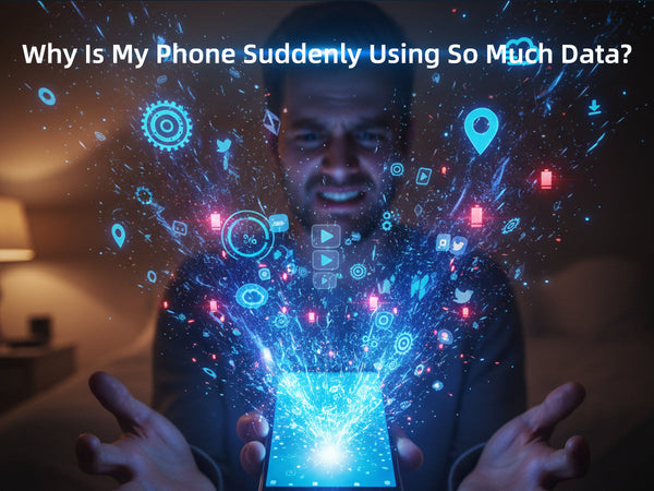 Dramatic image of a man looking stressed while holding a smartphone that is emitting a bright, blue light and a burst of digital data and application icons