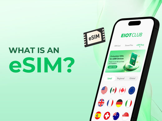 A smartphone displaying an international eSIM app with various country flags next to a floating eSIM chip.