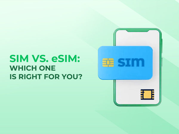 An eiotclub illustration comparing a physical SIM card to an eSIM inside a smartphone.