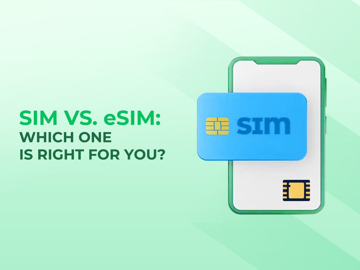 An eiotclub illustration comparing a physical SIM card to an eSIM inside a smartphone.