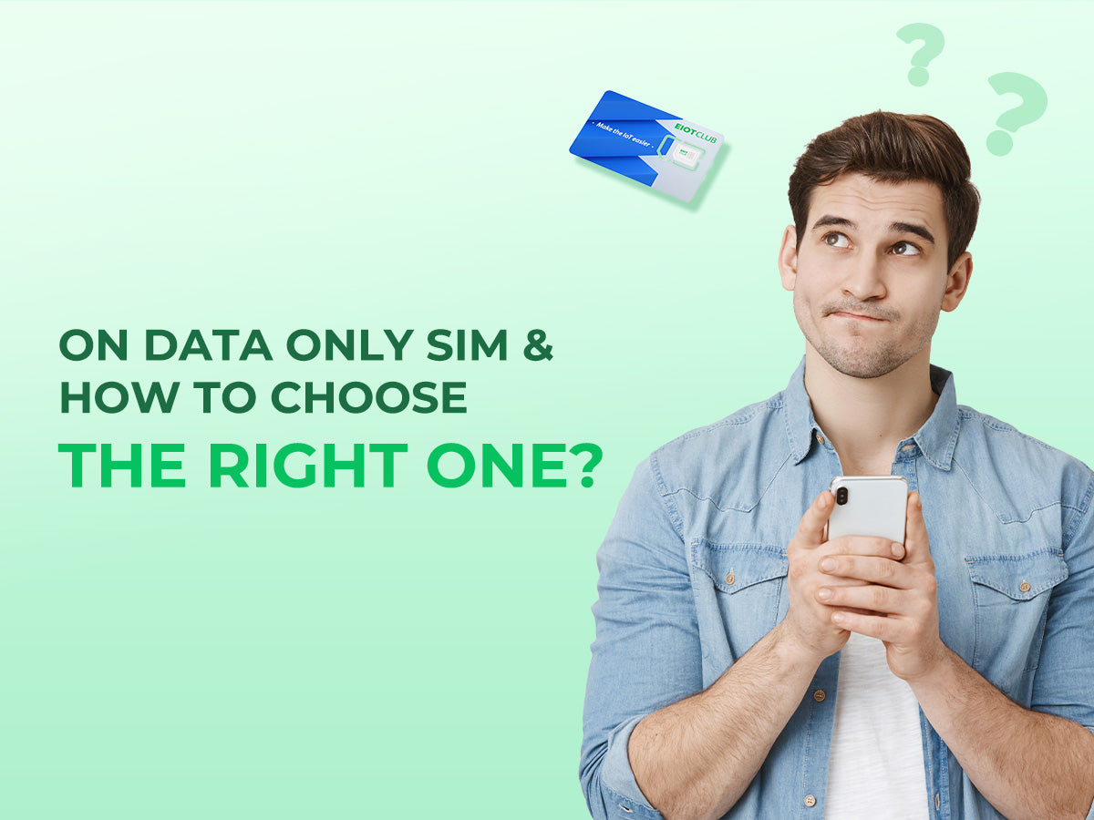 An eiotclub illustration of a man holding a smartphone and looking up thoughtfully at a floating data-only SIM card, wondering which one to choose.