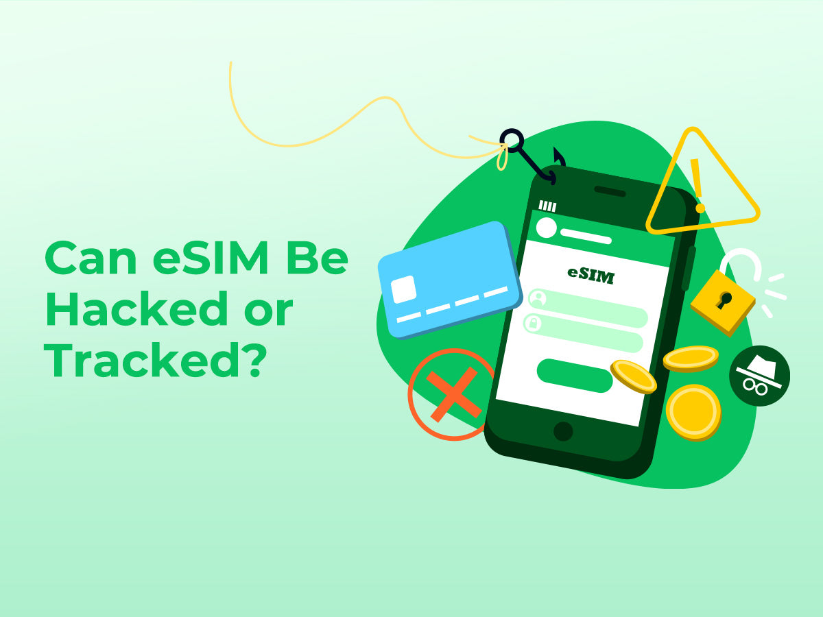 An image asking whether an eSIM can be hacked or tracked, with security-risk icons.