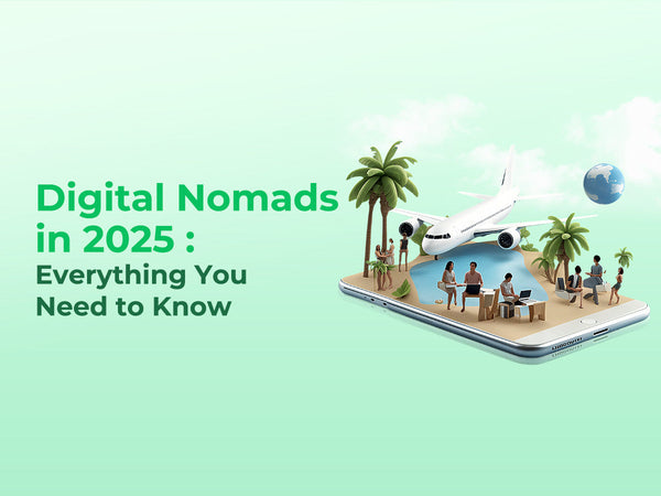 An article banner for 'Digital Nomads in 2025: Everything You Need to Know,' featuring an illustration of people working on laptops from a tropical island that sits on top of a giant smartphone.