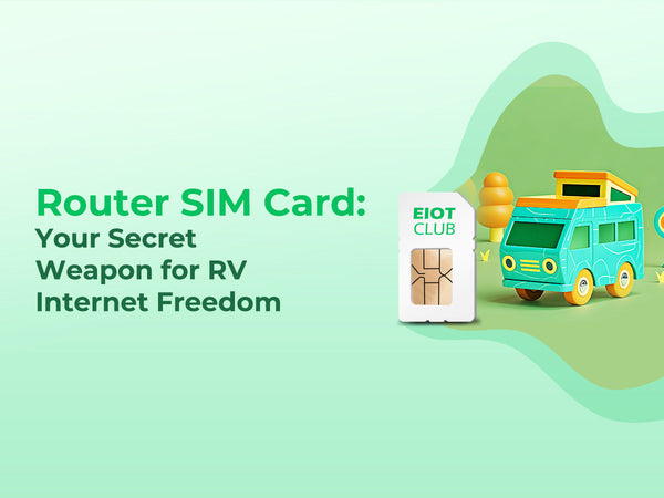 An illustration of a SIM card and a cartoon RV promoting a router SIM card for internet access while traveling.