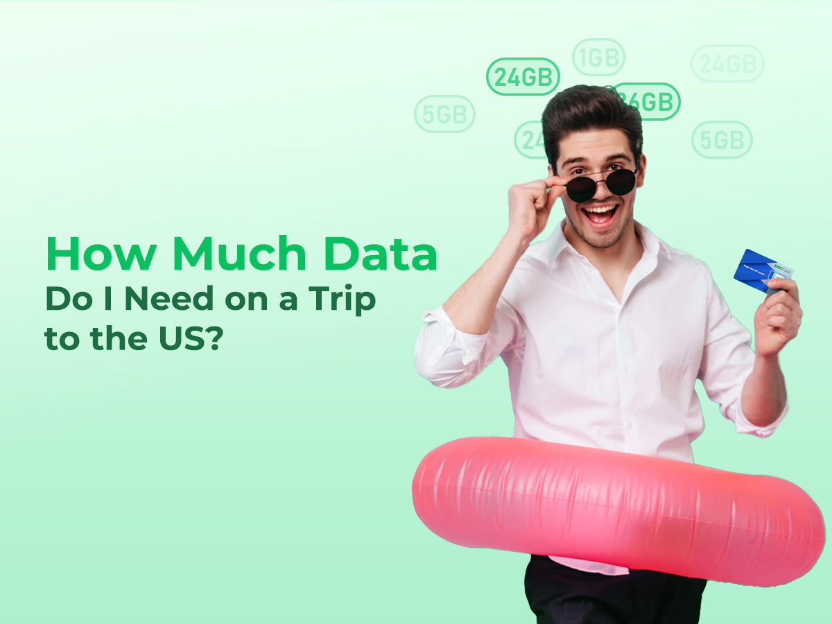 A cheerful man wearing a pink inflatable ring and sunglasses holds a SIM card.