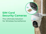 A Reolink security camera on a tree with a close-up of an EIOT CLUB SIM card being inserted.
