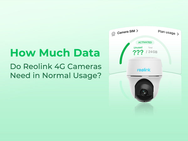 An ad for a Reolink 4G camera asks, 'How much data do Reolink 4G cameras need in normal usage' and shows a camera with a data plan of 24 GB.
