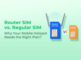 Illustration comparing a blue Router SIM Card with antennas and an orange Regular SIM Card