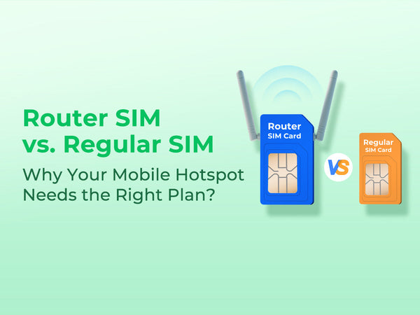 Illustration comparing a blue Router SIM Card with antennas and an orange Regular SIM Card