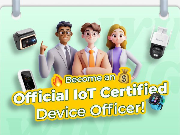 Three animated professionals promoting the "Official IoT Certified Device Officer" program, surrounded by various Internet of Things devices.
