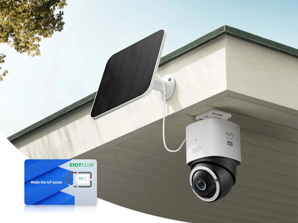 A solar-powered security camera installed outdoors, shown with an EIOTCLUB SIM card for cellular connectivity.