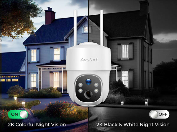 An Avstart security camera showcasing its 2K colorful and black & white night vision modes.
