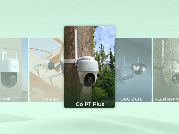 An image displaying a versatile lineup of security cameras for different environments, highlighting options for tree mounting, wall mounting, and wide-angle coverage.