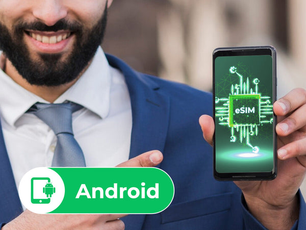 A man in a business suit holding a smartphone that displays a glowing eSIM chip icon, with a large 'Android' logo in the foreground, representing eSIM technology on Android devices.