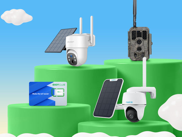 A collection of solar-powered security cameras, a trail camera, and a SIM card on display stands.