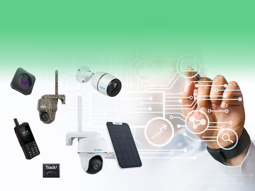A collection of security and tracking devices, including cameras and a GPS tracker, with a hand interacting with a digital interface in the background.