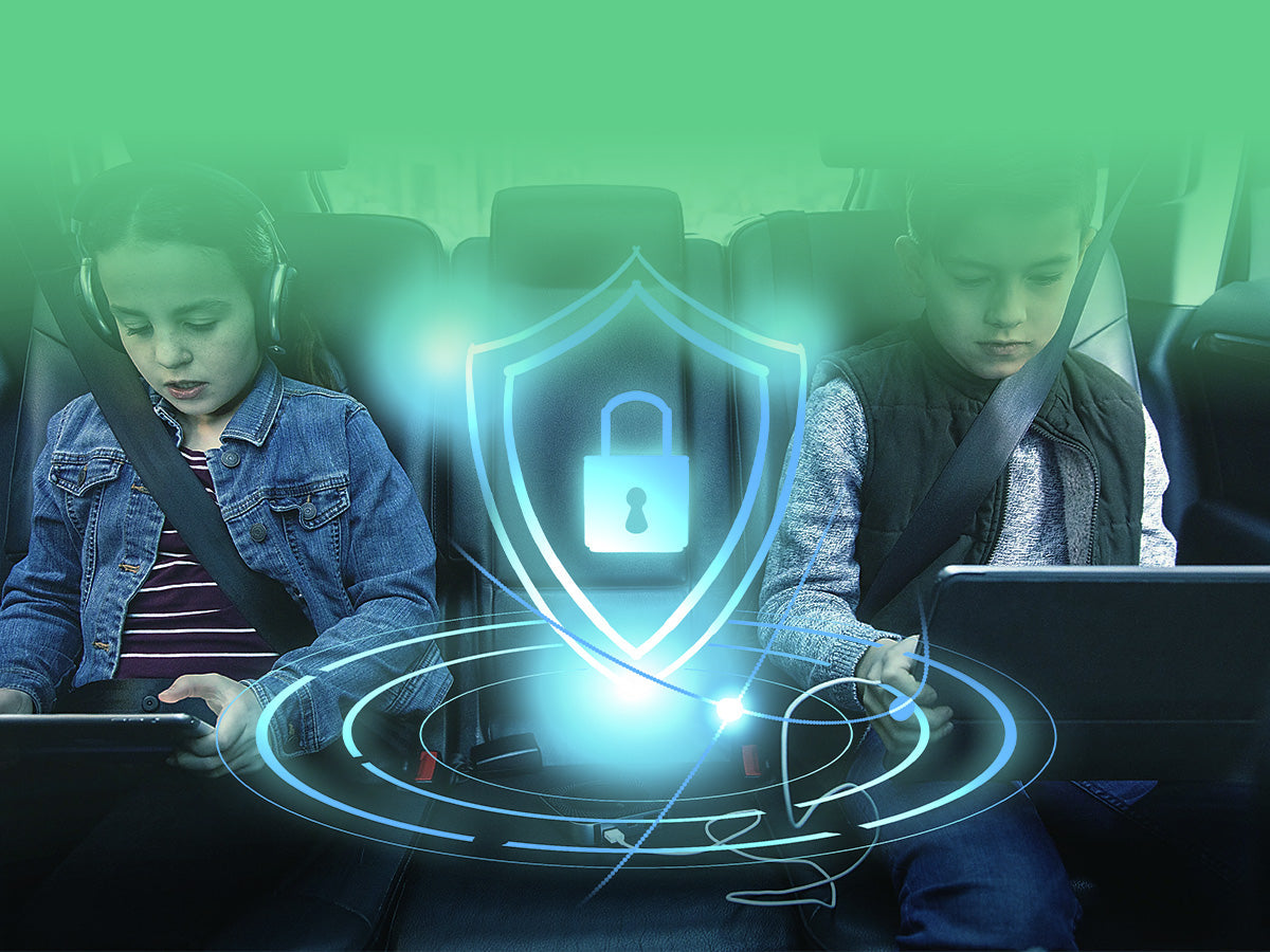 Two children using electronic devices in the back of a car, with a glowing security shield icon between them symbolizing online protection.