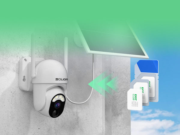 A solar-powered security camera on a wall, illustrating its use with an EIOTCLUB SIM card.