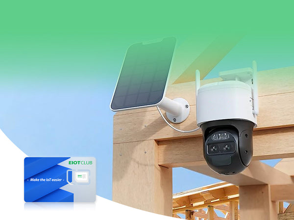 A solar-powered security camera mounted outdoors, shown with an EIOT CLUB SIM card.