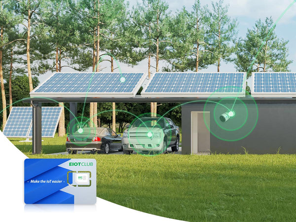 An IoT SIM card with a background of electric cars charging under a solar panel carport, connected by smart technology.