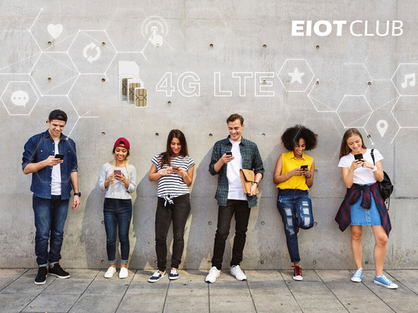 A group of young people using their smartphones, with '4G LTE' and 'EIOTCLUB' text and icons overlaid.