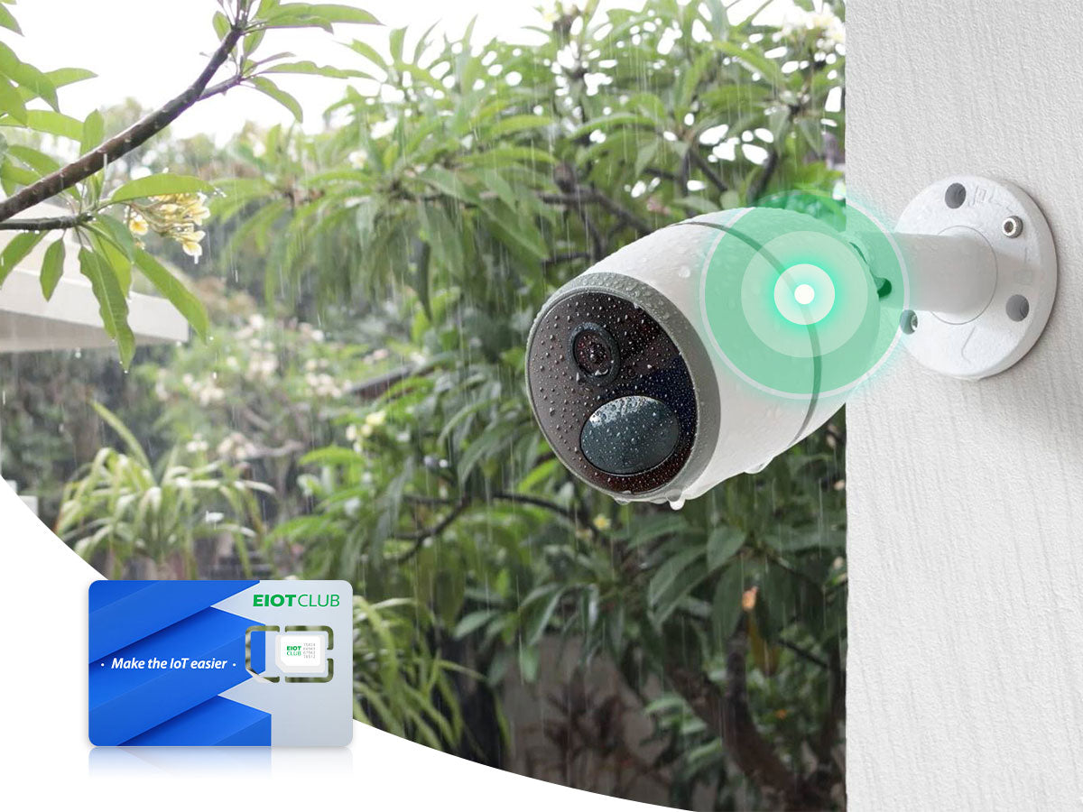 A weatherproof outdoor security camera operating in the rain, with an EIOTCLUB SIM card featured.