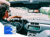 A man driving a car with a GPS navigation system, with a text overlay that reads 'Tracker SIM Card, Everything you need to know' and an EIOTCLUB SIM card graphic.