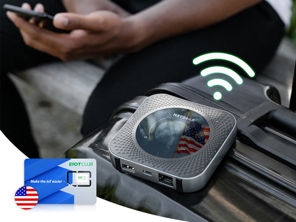 A person using a portable Wi-Fi router on a suitcase, with an EIOTCLUB SIM card for the USA shown in the foreground.