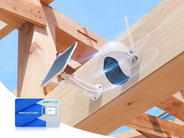 A solar-powered security camera mounted on a wooden beam, with an EIOTCLUB SIM card graphic.