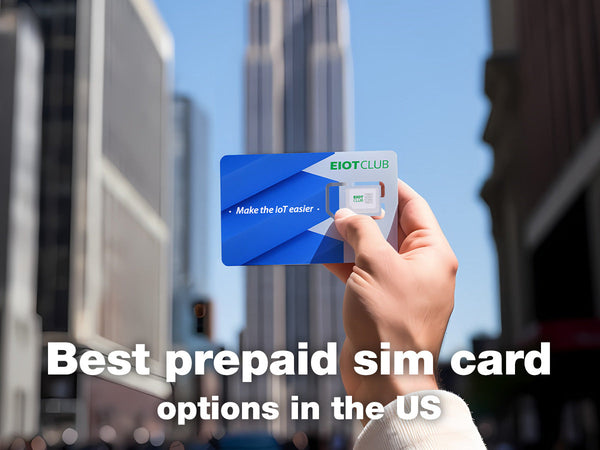 A hand holds an EIOTCLUB SIM card up against a city backdrop in an ad for the best prepaid sim card options in the US.