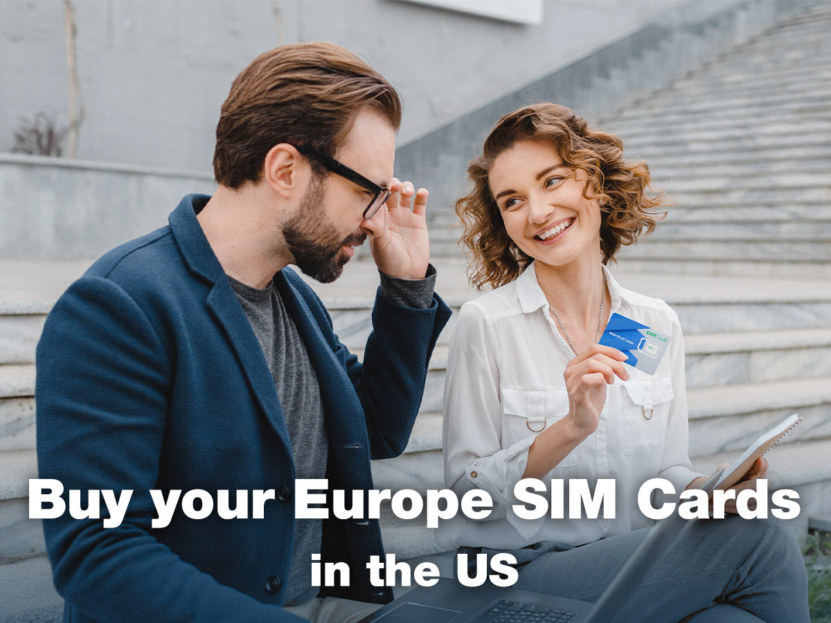 A woman shows a man an EIOTCLUB SIM card in an advertisement with the text Buy your Europe SIM Cards in the US.